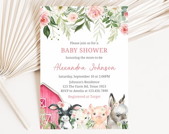 Editable Girl Farm Baby Shower Invitation, Floral Farm Animals Baby Shower Invite, Pink Barnyard Editable Invitation Printable Template 0208