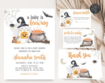 Editable Un bebé está preparando paquete de invitación de baby shower de Halloween, invitación de baby shower de bruja, invitación de calabaza de Halloween de género neutro 0359