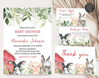 Editable Farm Baby Shower Invitation Set Farm Animals Baby Shower Invitation Pack Red Barnyard Gender Neutral Rustic Printable Template 0209