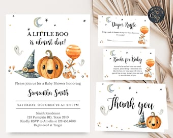 Editable Halloween Baby Shower Invitation Set, A Little Boo Baby Shower Invite Pack, Pumpkin Editable Invitation Printable Template 0140