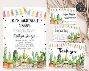 May include: A cactus-themed baby shower invitation with a colorful banner and the text "Let's Taco 'Bout A Baby". The invitation includes the name "Maddigon Johnson", the date and time of the shower, and the address. It also includes a RSVP number and information about where the guest of honor is registered.