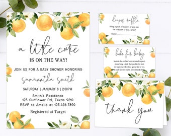 A Little Cutie is on the Way Clementine Orange Baby Shower Invitation Set, Editable Gender Neutral Baby Shower Invites, Printable 0172