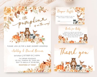 Editable Fall Woodland Baby Shower Invitation Bundle, Woodland Floral Pumpkin Baby Shower Invite Set, Gender Neutral Fall Baby Shower, 0483