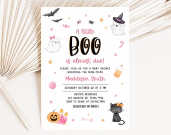 Editable A Little Boo Baby Shower Invitation, Girl Ghost Halloween Baby Shower Invite, Pink Halloween Baby Shower Invitation Template 0446