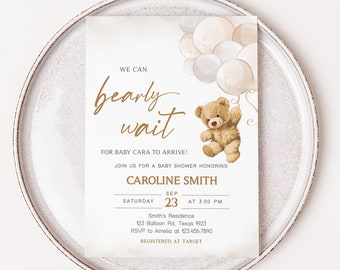 Editable Bear Balloons Baby Shower Invitation, We Can Bearly Wait Teddy Bear Baby Shower Invite, Gender Neutral Brown Bear Invitation 0419