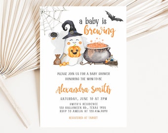May include: A baby shower invitation with a Halloween theme. The invitation features a cartoon ghost wearing a witch hat and holding a pumpkin. Text includes "a baby is brewing" and details for the event, including the name Alexandra Smith.