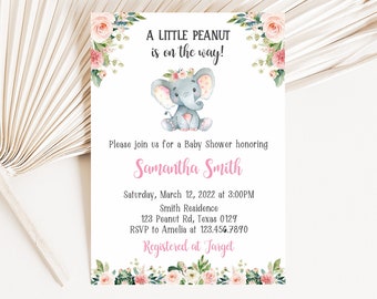 Editable Pink Girl Elephant Baby Shower Invitation, Pink Floral Elephant Invite, A Little Peanut is on the Way Girl Baby Shower Digital 0158