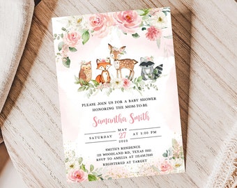 Editable Girl Woodland Baby Shower Invitation, Pink Floral Woodland Baby Shower Invite, Girl Woodland Animals Invitation Template 0319
