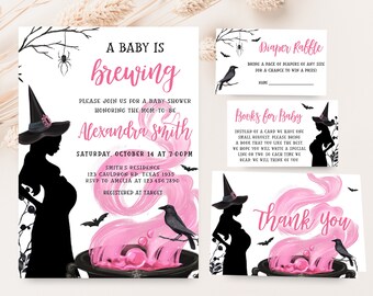 編集可能な「A Baby is Brewing」ハロウィンベビーシャワー招待状セット、女の子向けハロウィンベビーシャワー招待状セット、魔女向けベビーシャワー招待状 0444