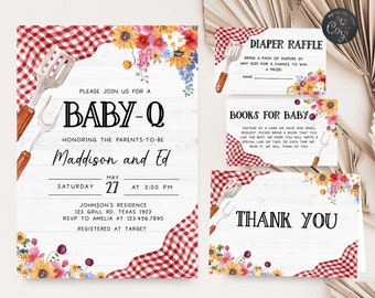 Editable BBQ Baby Shower Invitation Set Baby-Q Baby Shower Invite Pack Backyard Baby Shower Gender Neutral Coed BBQ  Printable Template 0276