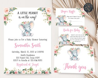 Editable Elephant Baby Shower Invitation Set, Pink Floral Elephant Invite, It's a Girl Little Peanut Pink Elephant Printable Template 0158