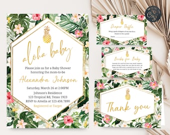 May include: A tropical themed baby shower invitation with gold accents and a pineapple motif. The invitation reads "Aloha Baby" and includes the name "Alexandra Johnson".