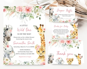 Bewerkbare wilde één meisje safari babyshower uitnodigingsset, bloemen jungle babyshower uitnodigingspakket, groen jungle safaridieren nodigt 0383