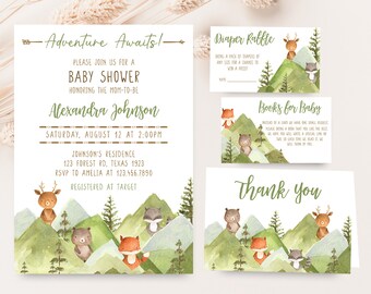 Redigerbart äventyr väntar babyshowerinbjudningspaket, babyshowerinbjudningsset med skogsmark, inbjudan till djur i skog, berg och skog 0399