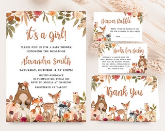 Editable Fall Woodland Baby Shower Invitation Bundle, Woodland Floral Pumpkin Baby Shower Invite Set, Girl Autumn Fall Invitation Set 0431