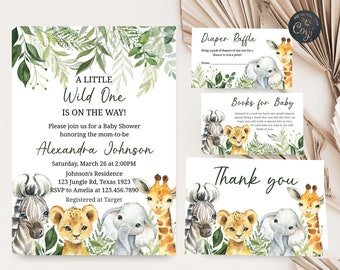 Ensemble modifiable d'invitations pour baby shower dans la jungle, lot d'invitations pour baby shower animaux de safari, invitation safari Wild One, bébé sans sexe 0179