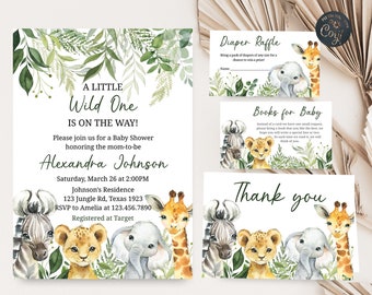 Editable Jungle Baby Shower Invitation Set, Safari Animals Baby Shower Invite Bundle, Wild One Safari Invitation, Gender Neutral Baby 0179