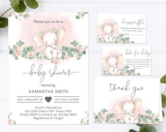 Editable Elephant Baby Shower Invitation Set Girl, Baby Elephant Girl Baby Shower Invite, Pink Elephant Eucalyptus Printable Template 0164