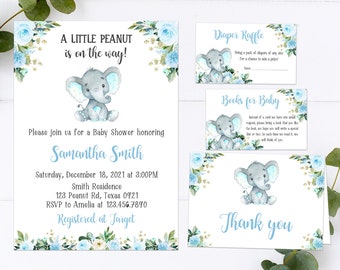 Editable Elephant Baby Shower Boy Invitation Set, Baby Boy Shower Invite, Blue Floral A Little Peanut is on the way, Printable Template 0159