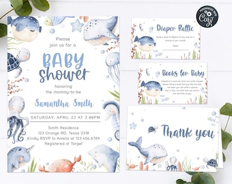 Editable Under the Sea Baby Shower Invitation Set, Ocean Baby Shower Invite, Nautical Baby Shower Template, Gender Neutral, Ocean Theme 0176