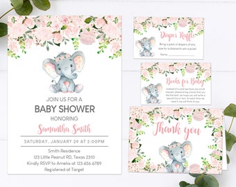 May include: A baby shower invitation with a pink and green floral border. The invitation features a cartoon gray elephant with pink accents. The text reads "Join us for a Baby Shower Honoring Samantha Smith, Saturday, January 29 at 2:00PM, Smith Residence, 123 Little Peanut RD, Texas 2310, Kindly RSVP to Amelia at 123.456.6789, Registered at Target".