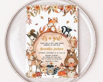 Editable Fall Woodland Baby Shower Invitation, Floral Pumpkin Woodland Baby Shower Invite, Girl Autumn Forest Animals Invite Template 0407