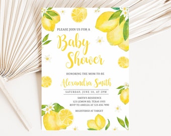 May include: A baby shower invitation featuring a watercolour illustration of lemons and flowers. The text reads "Please join us for a Baby Shower honouring the mom-to-be Alexandra Smith. Saturday, June 10, at 2 PM. Smith's Residence, 123 Lemon Rd, Texas 1935. RSVP to Amelia at 123.456.7890. Registered at Target."