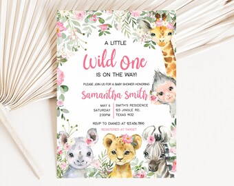 May include: A pink and green baby shower invitation with the text "A Little Wild One Is On The Way!" and a floral border. The invitation features a giraffe, monkey, lion, zebra, and rhinoceros with floral crowns.