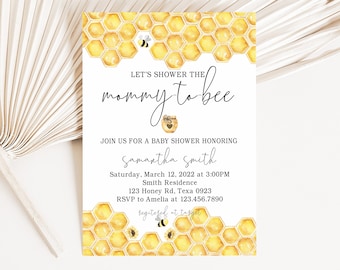 Editable Mommy to Bee Baby Shower Invitation, Bumble Bee Baby Shower Invite, Honey Bee Gender Neutral Printable Instant Download 0160