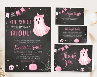 Redigerbart Oh Sheet "Det är ett spöke" Halloween-babyshowerinbjudningsset, babyshowerinbjudningspaket för flickor och spöken, rosa spökinbjudan 0362