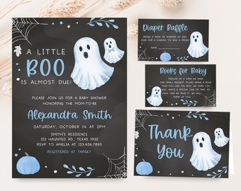 Editable Little Boo Baby Shower Invitation Set, Blue Halloween Baby Shower Invite Pack, Blue Boy Ghost Baby Shower Invitation Bundle 0364