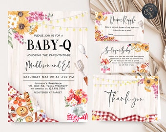 Editable BBQ Baby Shower Invitation Set, Baby-Q Baby Shower Invite Pack, Backyard Coed Baby Shower Rustic Barbeque Printable Template 0273