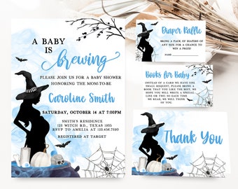May include: A set of Halloween-themed baby shower invitations and cards. The design features a witch silhouette, bats, spiderwebs, and the text "A Baby is Brewing." Includes a diaper raffle card, a book request card, and a thank you card.