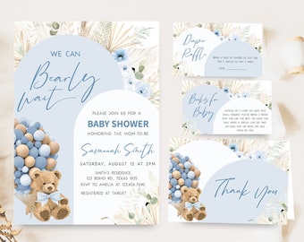Editable Blue We Can Bearly Wait Baby Shower Invitation Bundle, Boy Bear Baby Shower Invite Set, Boho Teddy Bear Balloon Invite Pack 0415