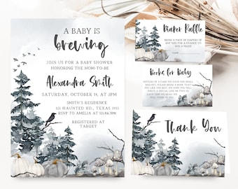 Editable A Baby is Brewing Halloween Baby Shower Invitation Bundle, Gothic Baby Shower Invite Set, Fall Spooky Baby Shower Invitation 0374