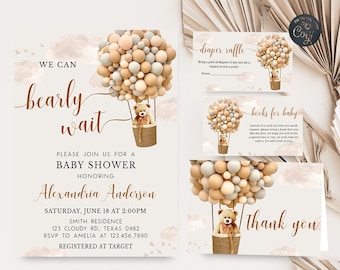 Editable Bear Baby Shower Invitation Set Hot Air Balloon Baby Shower Invite Pack Bear Balloons Invite Gender Neutral Printable Template 0205