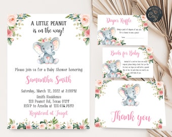 Editable Pink Elephant Baby Shower Invitation Set, Blush Floral Elephant Invite, A Little Peanut is on the Way Girl Baby Shower Digital 0158