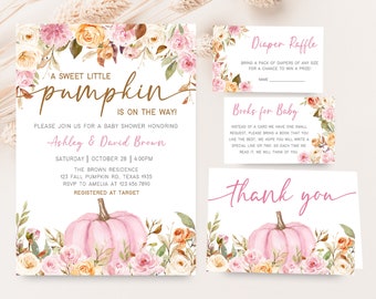 Paquete de invitación editable para baby shower de calabaza floral rosa, conjunto de invitación para baby shower de otoño para niña, paquete de invitación para otoño de una pequeña calabaza, 0478