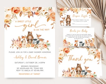 Editable Fall Pumpkin Woodland Baby Shower Invitation Bundle, Girl Fall Woodland Baby Shower Invite Set, Floral Pumpkin Invitation Pack 0479