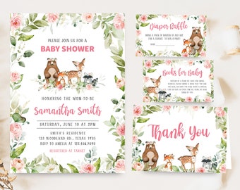 Editable Floral Woodland Baby Shower Invitation Bundle, Woodland Animals Baby Shower Invite Set Girl Woodland Forest Animals Invitation 0398