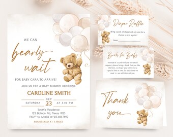 Editable Bear Balloons Baby Shower Invitation Bundle, We Can Bearly Wait Teddy Bear Baby Shower Invite Set, Gender Neutral Brown Bear 0419