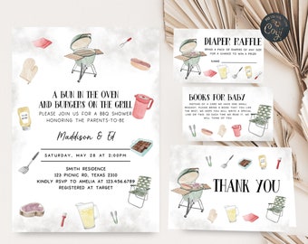 Edytowalny zestaw zaproszeń na baby shower BabyQ, pakiet zaproszeń na baby shower BBQ, zaproszenie na grilla dla dziecka, szablon do wydrukowania na imprezę BBQ dla par 0200