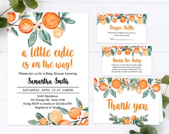 May include: Baby shower invitation and cards set with orange watercolor fruit and green leaves. The invitation reads "a little cutie is on the way!" and includes event details. Additional cards include "Diaper Raffle," "Books for Baby," and "Thank you."