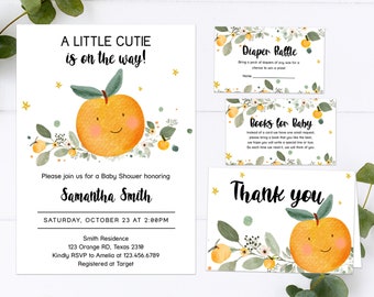 May include: A baby shower invitation with a cute orange illustration. The invitation is for Samantha Smith and is on Saturday, October 23 at 2:00 PM. The address is 123 Orange RD, Texas 2310. RSVP to Amelia at 123.456.6789. Registered at Target.