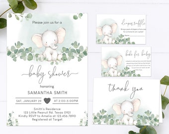 Editable Elephant Baby Shower Invitation Set, Gender Neutral Elephant Invite Pack, Greenery Eucalyptus Baby Elephant, Printable 0165