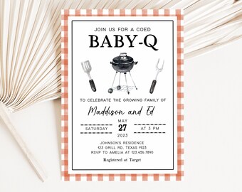 Editable BBQ Baby Shower Invitation, Backyard Baby Shower Invite, Coed Baby-Q Baby Shower Gender Neutral BBQ Invites Printable Template 0278