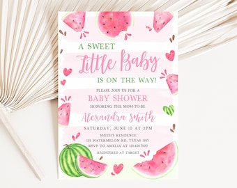 Editable Pink Watermelon Baby Shower Invitation A Sweet Little Baby Watermelon Girl Baby Shower Invite Watermelon Party Invite Template 0266