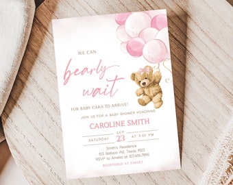 Editable Pink Teddy Bear Baby Shower Invitation, We Can Bearly Wait ...