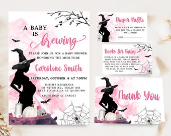 編集可能な「A Baby is Brewing Girl」ハロウィンベビーシャワー招待状セット、魔女ベビーシャワー招待状セット、ハロウィンベビーシャワー招待状 0452