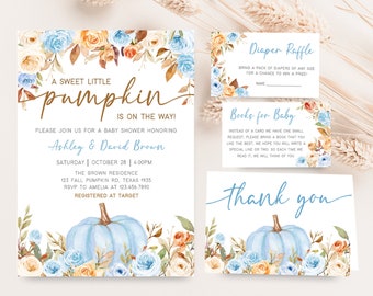 May include: A set of baby shower invitations and cards with a watercolor design. The main invitation features a blue pumpkin and floral accents. Additional cards include a diaper raffle, books for baby, and a thank you card.